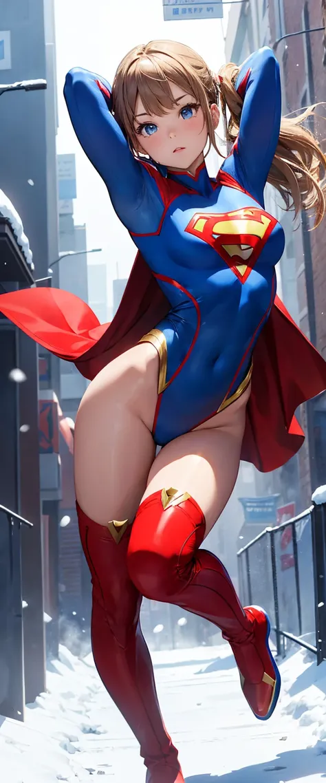 Muscular ,  Supergirl Costume Dress、He is jumping with both legs bent、Snowfield、 Blue Leotard 、red long boots、 red skirt、 LONG SLEEVE COSTUME 