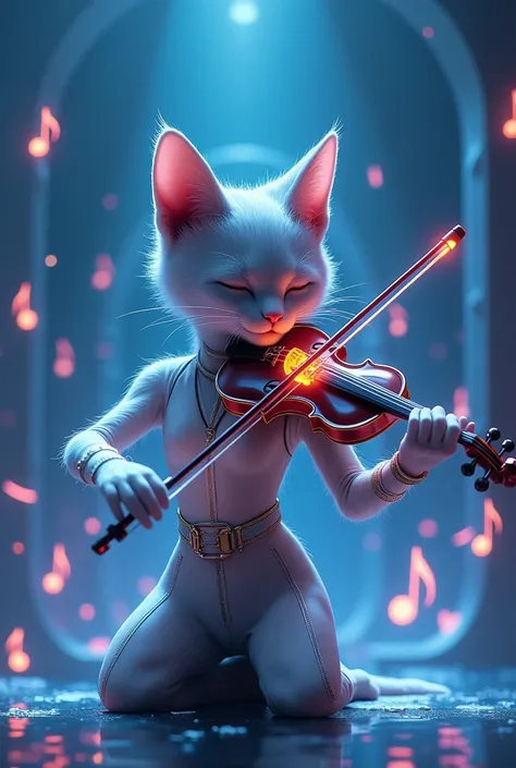 "A serene yet futuristic stage performance featuring an anthropomorphic cat playing a glowing violin. The cat has elegant fur, wears a sleek cyberpunk outfit, and is surrounded by holographic musical notes and soft ambient lighting."
