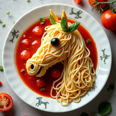 This is a picture of creative food art, showing a plate of Chinese noodles in the shape of a horse head. The noodles are arranged into the outline of a horse head, with a black olive as the eye, and basil leaves as the ears and mane. There is also red toma...