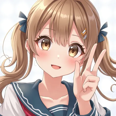  beautiful woman,   1 girl,   face up ,   with attractive body, ＪＫ, (((smile,   light brown hair:1.2,   Long Twin Tails  ))),   sailor suit , ((  Hand Sign on the Side of Your Face , v :1.8)),   very pretty face  , Lip details,    beautiful eyes ,  double ...