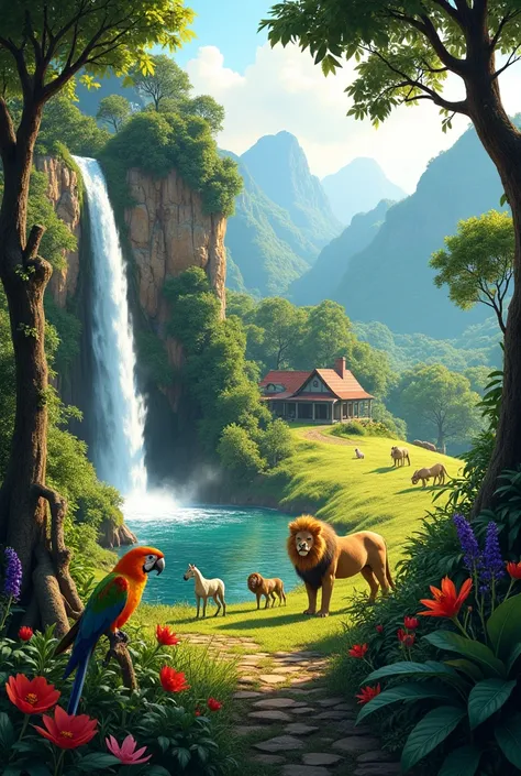 A BRAZILIAN scenery countryside, at left side had water fall streaming,  parrots at trees in first ground, horses resting through a grassy field. mountains covered by vegetagion, In the background there are country house near of flamboyant tree ,several ye...