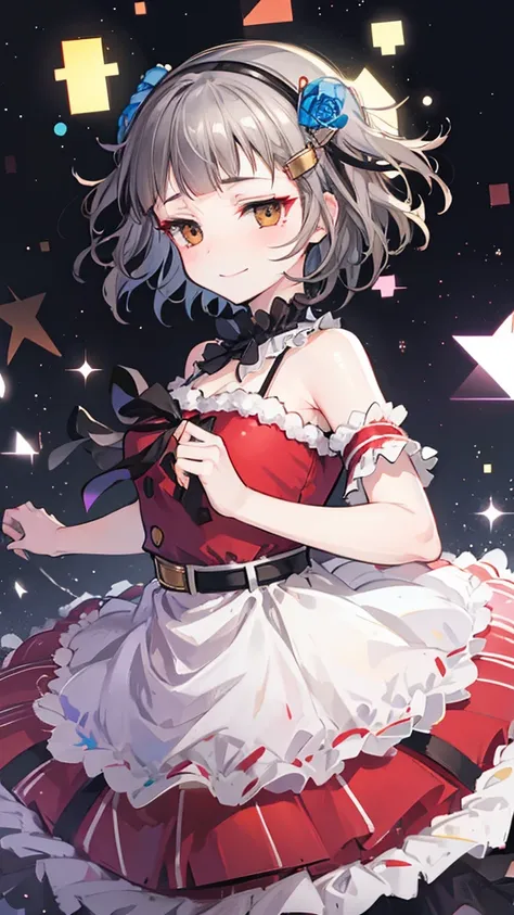 (((solo))), 1 woman, Sakuya Kurobane, sakuyaunif, kurobane_sakuya, (brown eyes), short hair, grey hair, black hairband, blue hair flower, red eyeliner, chest, blush, smile, (upper body), santa claus