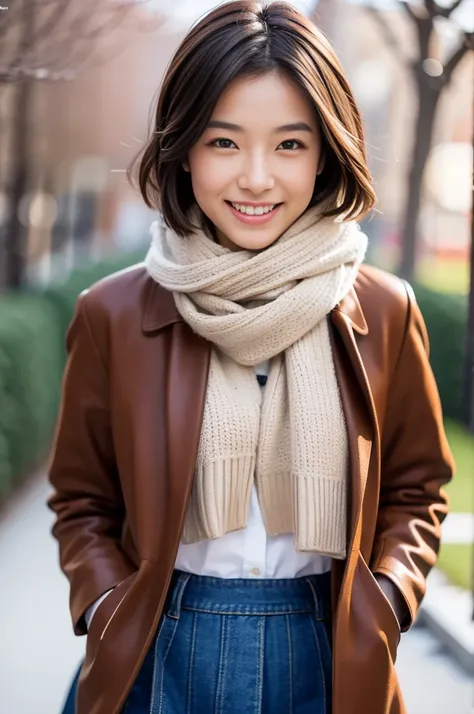 (8k, RAW photo, photorealistic, HQ, masterpiece), a cute Japanese woman, (glowing eyes), 
(cute smile), Having a conversation, brown hair,
Pixie Bob hair, large breasts, (Stylish early winter clothes), Scarf, jacket, tight (long) skirt, (Walking in the par...