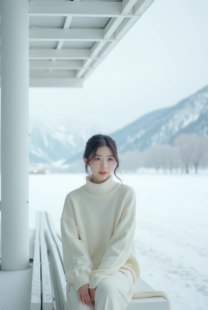 ((masterpiece, highest quality, Highest image quality, High resolution, Extremely detailed photography, 8k wallpaper)),front shot,  long distance shot of a lady figure sitting in a all white bus station alone, winter, romantic, facing viewer , all white sw...