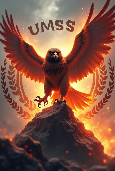 A Falcon in an attack pose with bright colors of fire on top of a rock and that the background is mixed colors and the Word UMSS mixed with laurels as a title surrounding the Alcon 