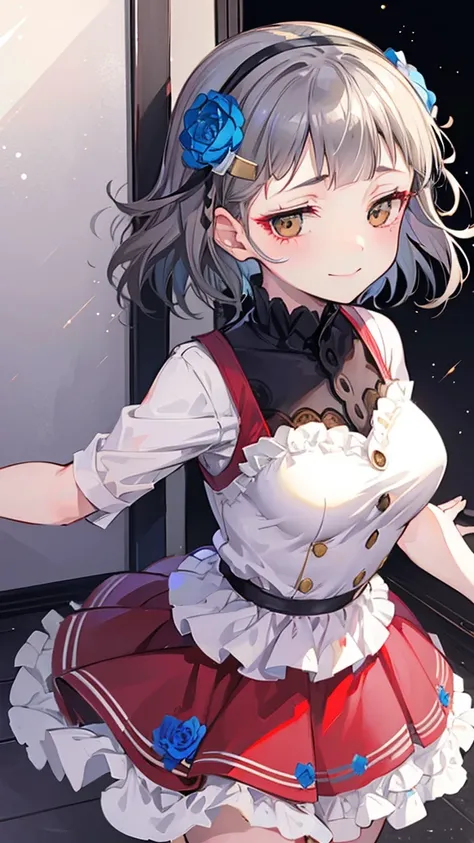 (((solo))), 1 woman, Sakuya Kurobane, sakuyaunif, kurobane_sakuya, (brown eyes), short hair, grey hair, black hairband, blue hair flower, red eyeliner, chest, blush, smile, (upper body), santa claus