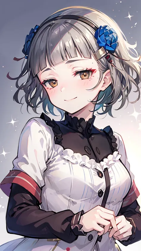 (((solo))), 1 woman, Sakuya Kurobane, sakuyaunif, kurobane_sakuya, (brown eyes), short hair, grey hair, black hairband, blue hair flower, red eyeliner, chest, blush, smile, (upper body), santa claus