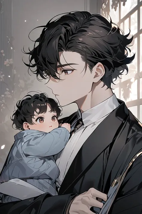  The 27-year-old father stood looking to the side, clad in a black suit, brown eyes, handsome black hair, illustrated with a very young,  baby boy with a very young man, slightly puffy hair, brown eyes, ภาพสวย เหมือนภาพวาด, มองข้าง