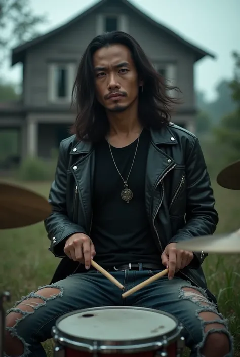 Handsome face Indonesian man wearing ripped jeans wearing black t-shirt wearing boots wearing leather jacket long hair is drumming in front of a very spooky house and clearly visible face looks at camera