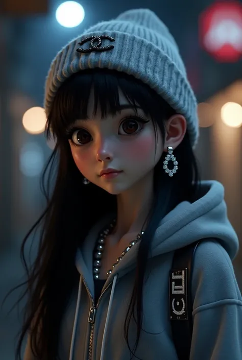 Pixar AI、 CHANEL accessories、 black hair long hair、gray knitted hat 、In a hoodie、 Night Scene