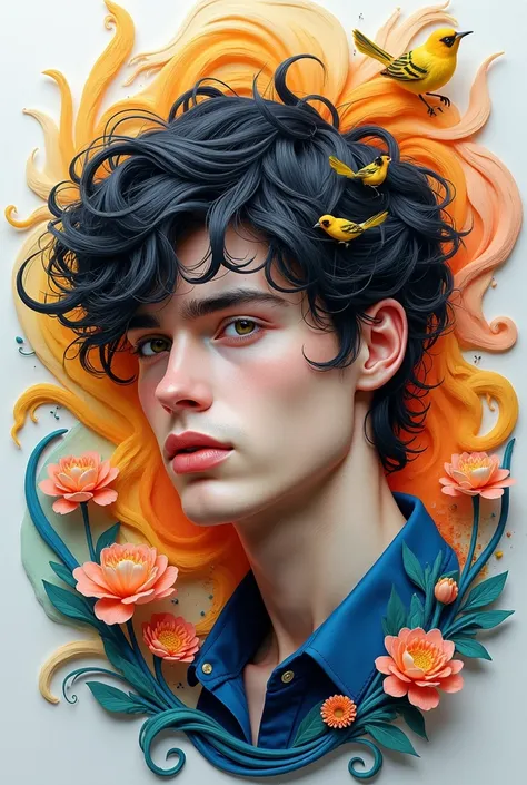 3 dimensional logo,Beautiful colorful man,18 year old boy,Tousled hair in various colors,aquarelle,Beautiful and perfect face,Broken,Many colors,Intricate details,Boot image,8k resolution,tmasterpiece,Cute face, Black Ink Flow Fine Art Station Digital Pain...