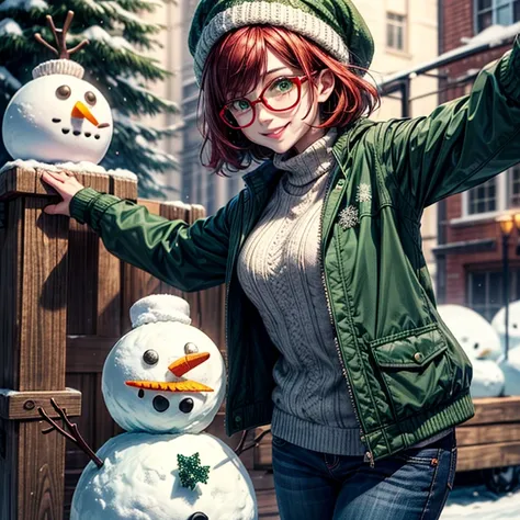 Short,  red hair ,  green eyes ,  metal-framed glasses, knitted green hat , green jacket, green mittens, smiling woman stands against a snowman.