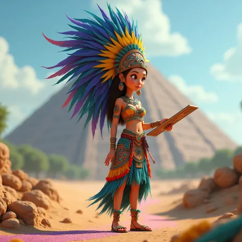 Create 3D cartoon, Pixar style, a beautiful Asian woman adorned in a traditional Aztec costume. The centerpiece of the attire is an elaborate headdress featuring a multitude of feathers in vibrant colors, predominantly blue, purple,yellow and green. She is...