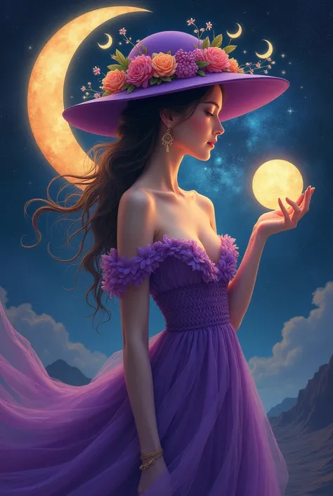 Give me the image of a woman dressed in a purple hat full of flowers and moons around her, dressed in purple, wearing a beautiful, vaporous dress, very sensual, with a pronounced neckline on her leg, a full-bodied opening, very sexy around her, a starry va...