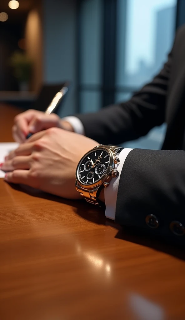 A sleek, high-end luxury watch with a metallic band worn on the wrist of a well-dressed individual. The hand rests on a polished wooden conference table, holding a high-quality pen. The watch face features intricate details like chronographs and gleaming h...