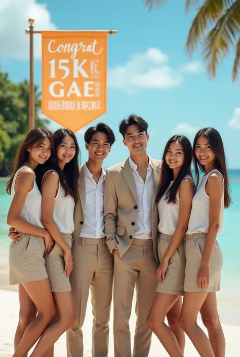  Photography showing 6 people in pairs  ,  consisting of 3 handsome men with asian faces,  and 3 beautiful women with asian faces ,  wearing matching traveling clothes ,  posing on the beach with a banner that says  " congrat 15k GAES members ",  with a ch...