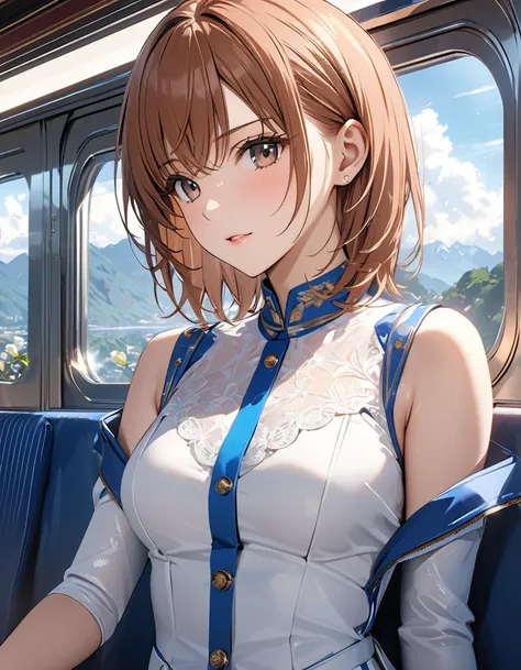 (Time-Traveling Train), masterpiece:1.5, masterpiece, highest quality, (Misaka Mikoto), UHD, retina, masterpiece, accurate anatomy, textured skin, super detailed, high quality, best quality,  highres icon, 8k