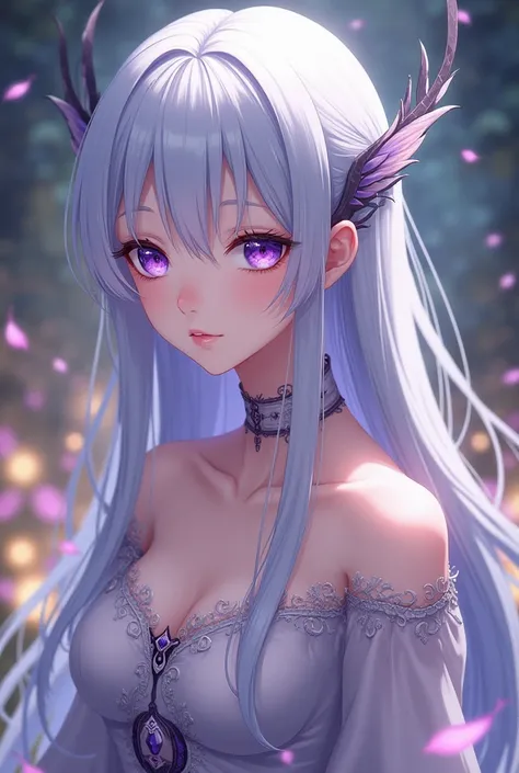 masterpiece, best quality, 1girl, elaina_(majo_no_tabitabi), silver hair, purple eyes, long hair, detailed face, intricate clothing, elegant pose, warm lighting, fantasy landscape, magical atmosphere, serene expression