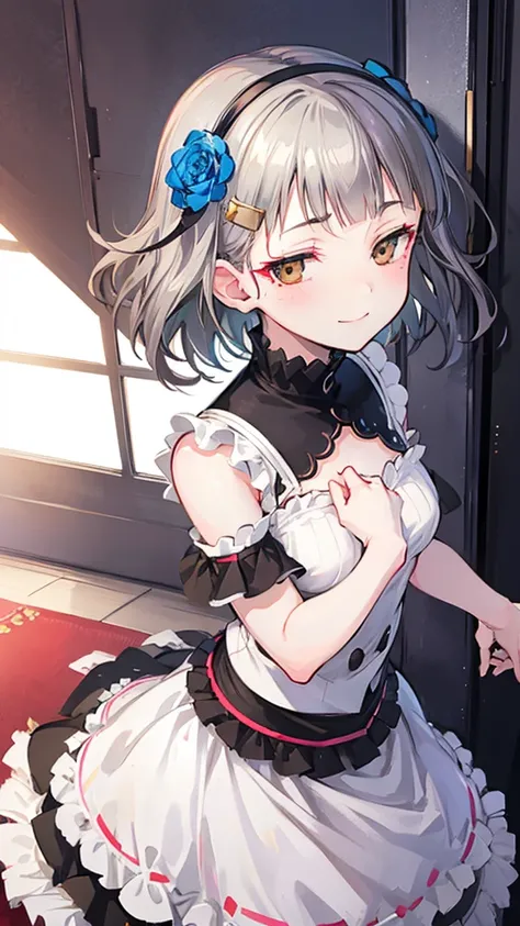 (((solo))), 1 woman, Sakuya Kurobane, sakuyaunif, kurobane_sakuya, (brown eyes), short hair, grey hair, black hairband, blue hair flower, red eyeliner, chest, blush, smile, (upper body), santa claus