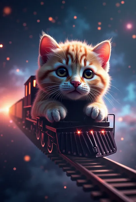  A locomotive with the face of the worlds cutest kitten is running through outer space、((Realistic:1.3))、 Dynamic Composition、Amazing number of concentrated lines 、Cinematic lighting、 A very big cute kittens face 、 side composition、Flying in the air、 Scene...