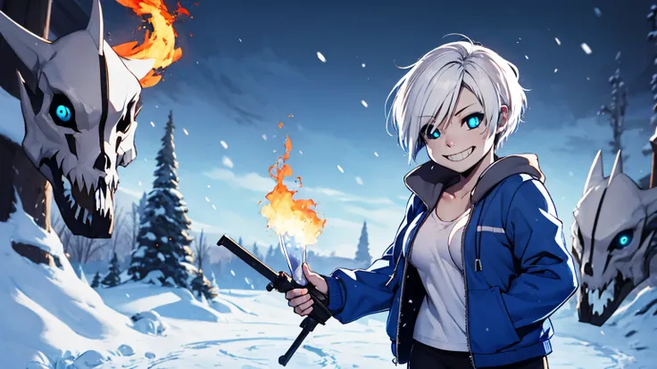 Toby Fox Undertale Sans Blue Jacket White Shirt ,Fire eyes, skull, smile, short white hair, glowing sexy dragon bone cannon, one standing in Snow Town, big breast breast enlargement full-body shot looking at the camera