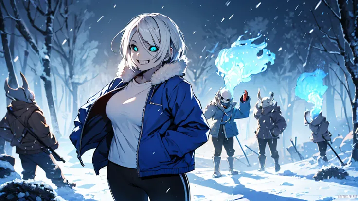 Toby Fox Undertale Sans Blue Jacket White Shirt ,Fire eyes, skull, smile, short white hair, glowing sexy dragon bone cannon, one standing in Snow Town, big breast breast enlargement full-body shot looking at the camera