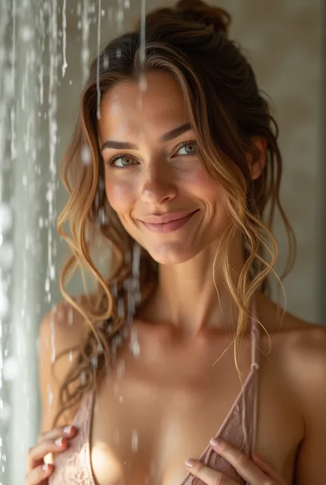 Is there a beautiful woman 45 years old brown blonde hair under the shower, bathrooms, he is happy, smile,  details of pores and wrinkles on the skin ,  beautify the skin ,  hair and nails from the inside ,  sensual lips , revitalizing 