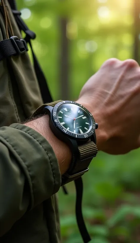 A durable field watch with a nylon strap on the wrist of a hiker’s hand, reaching to adjust the strap of a backpack. The watch face displays a compass and altimeter, reflecting soft sunlight filtering through the trees. Dirt and wear add authenticity, whil...