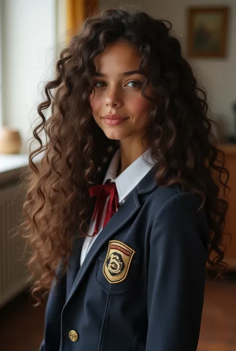 Beautiful girl with long curly hair wearing a school uniform is having sex