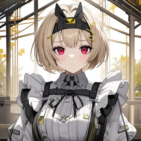  Goddess of Victory NIKKE， beige blonde ，Yellow hairpin， wears a black headband，Red eyes， short hair ， cute，The maid wears 