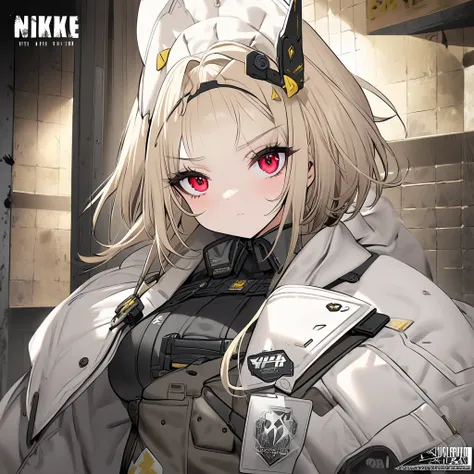  Goddess of Victory NIKKE， beige blonde ，Yellow hairpin， wears a black headband，Red eyes， short hair ， cute，The maid wears 