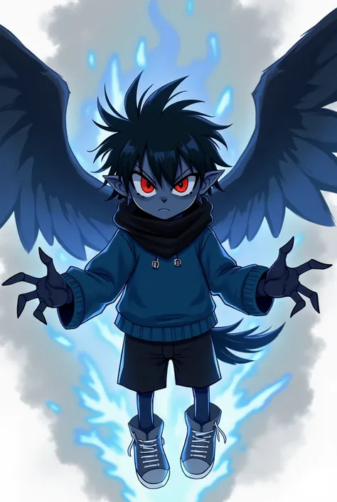  anthropomorphic crow boy mobian evil black hair rowdy blue sweater black scarf black shorts gray sneakers spreading his wings with a demonic shadow behind red eyes, Dark shading, expelling dark energy blue Sonic style mobian furry in sketch , size differe...