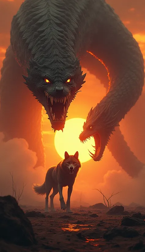 A dramatic scene with a fiery sunset sky in the background. On the left side, a massive and fearsome wolf emerges from the cracked, dry earth, its sharp fangs bared and fur bristling, exuding raw power and menace. On the right side, a colossal serpent coil...