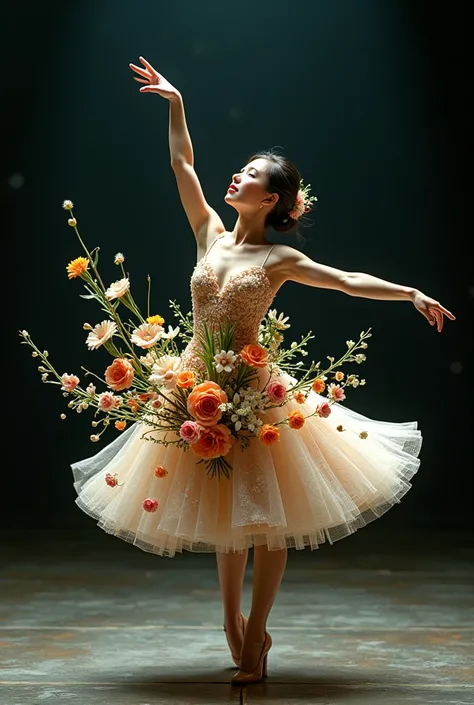  real world .   dances on stage in a delicate floral dress ,  flowers grow out of the dress and surround her , becoming a luxurious flower dress , . Finally, divide the girls performance with a bouquet of flowers into 4 parts and write a detailed hint for ...