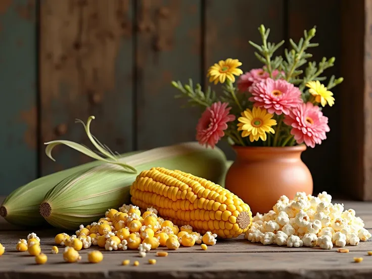  CREATE A CORN COB POPCORN ON A RUSTIC WOODEN TABLE .  NEXT TO THE COB THERE ARE RAW POPCORN KERNELS AND SOME POPPED POPCORN. THERE IS A CLAY POT WITH FLOWER . realistic image.