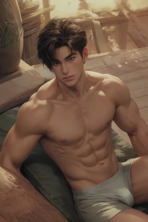 Libido (((boy))，swimmer, (((big bulge, muscular, bulgeJ8))))，Reclining，first person perspective，spread legs，dark atmosphere，8K,Cinematic lighting effects，textured skin，best quality，Narrative images，Narrative images，dynamic blur，action pose，Height angle of ...