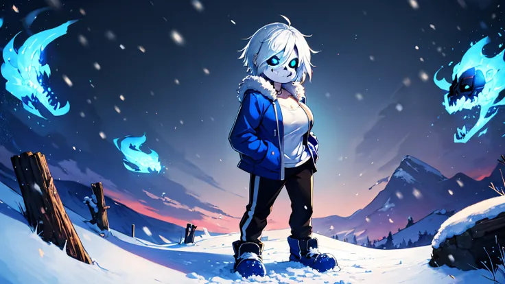 Toby Fox Undertale Sans Blue Jacket White Shirt ,Fire eyes, skull, smile, short white hair, glowing sexy dragon bone cannon, one standing in Snow Town, big breast breast enlargement full-body shot looking at the camera