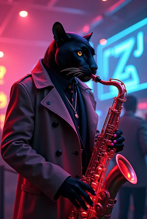 "A jazzy cyberpunk club featuring an anthropomorphic panther playing a glowing saxophone. The panther wears a stylish trench coat with neon highlights, surrounded by smoky holograms and a glowing cityscape in the background."