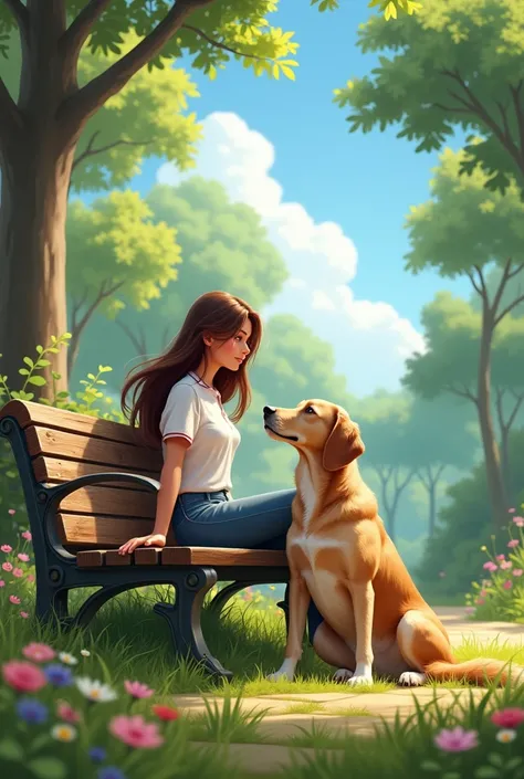 image of a woman sitting outdoors with her dog next to her,  as realistic as possible 