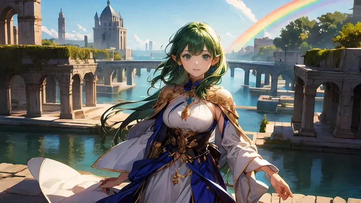 Elf woman in a dress, beautiful and elegant female elf, 2.  5D CGI anime fantasy artwork, Fantasy MMO、Ancient floating cityを眺める美しいエルフ,Pointy Ears、 green hair、 emerald green eyes 、Ancient floating city、The water flows gently 、 Im looking at a fantastic land...