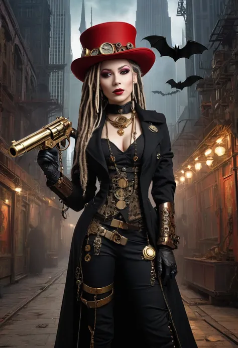 A steampunk Gothic makeup woman with dreadlocks, long red hat and accessories, cheerful & cheerful with a calm, mysterious expression, wearing a long flowing black jacket standing in the middle of a spooky Gothic cityscape. Sexy and wild pose. The backgrou...