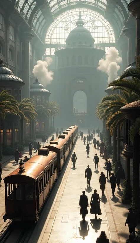 A historical photograph captures an impressive view of an elaborate indoor mall or exhibition hall from the late 19th century, reminiscent of Victorian-era architecture. The scene is dominated by intricate architectural details, including ornate domes, arc...