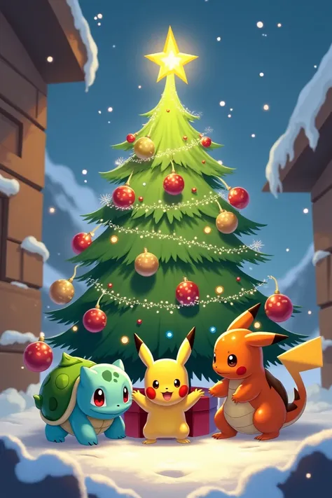  Christmas tree where the Pikachu Pokémon are, charmander, Escuartul and Volvasaur 
