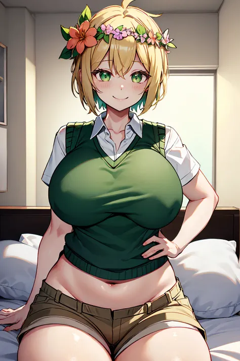 Super huge big breasts breast enlargement full-body shot smile ,omoribasil, blonde hair head flower white shirt short sleeves sweater vest brown shorts, green hair head wreath overalls