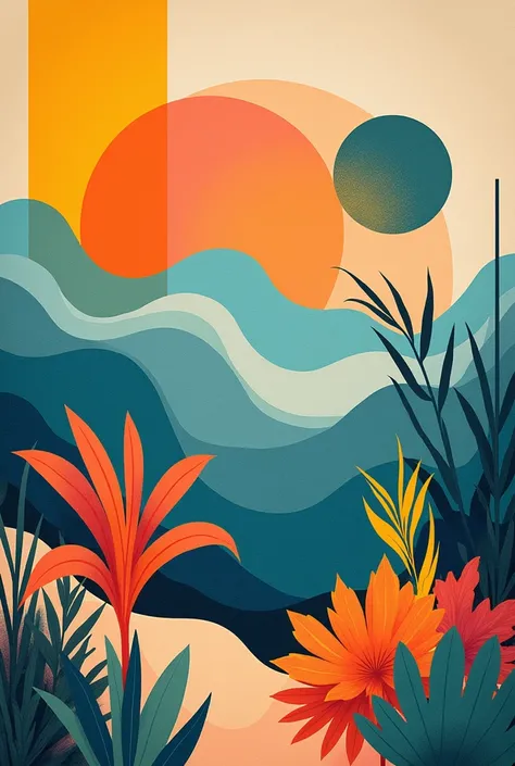 semantic panel with elements that refer to the summer season, orange, yellow, blue, green, beach, waves, abstract geometric