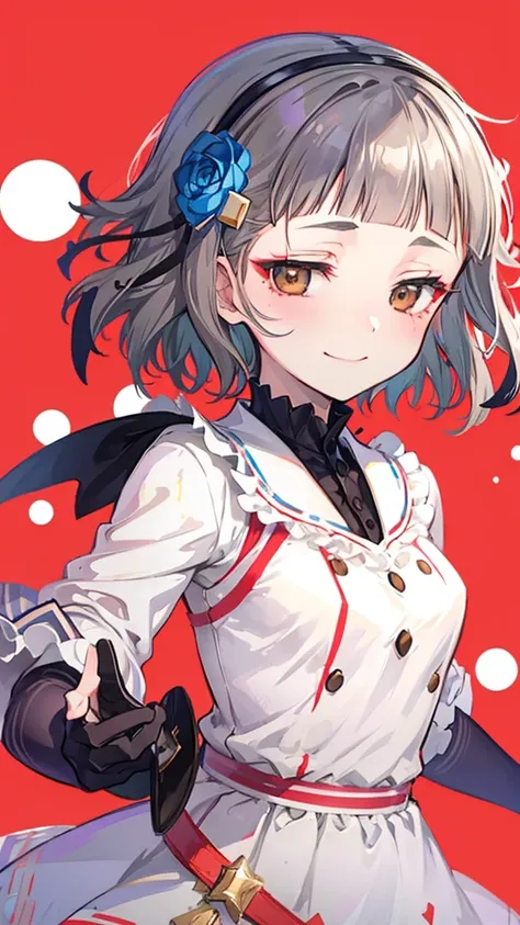 (((solo))), 1 woman, Sakuya Kurobane, sakuyaunif, kurobane_sakuya, (brown eyes), short hair, grey hair, black hairband, blue hair flower, red eyeliner, chest, blush, smile, (upper body), santa claus