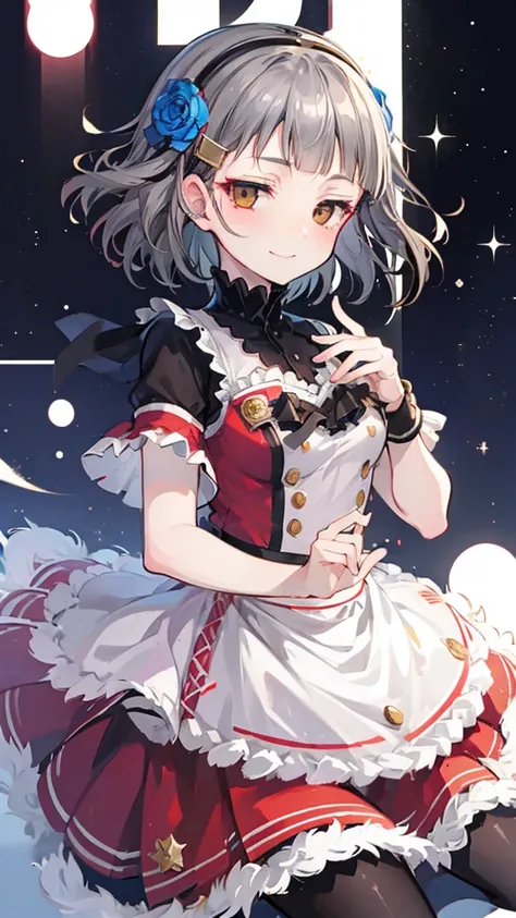 (((solo))), 1 woman, Sakuya Kurobane, sakuyaunif, kurobane_sakuya, (brown eyes), short hair, grey hair, black hairband, blue hair flower, red eyeliner, chest, blush, smile, (upper body), santa claus