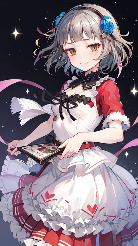 (((solo))), 1 woman, Sakuya Kurobane, sakuyaunif, kurobane_sakuya, (brown eyes), short hair, grey hair, black hairband, blue hair flower, red eyeliner, chest, blush, smile, (upper body), santa claus