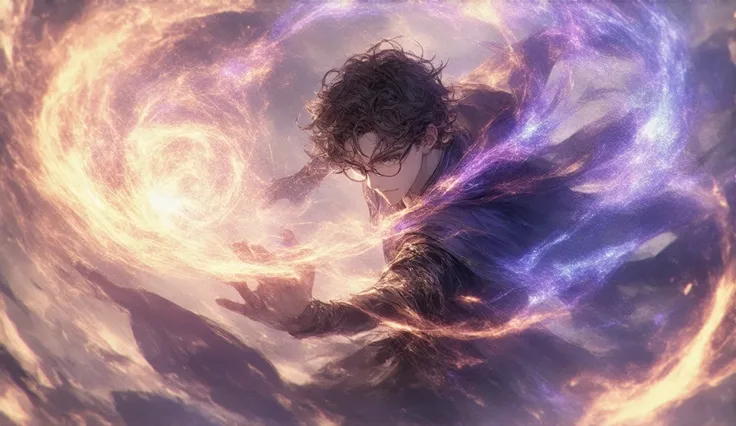 "A young male wizard with curly hair and glasses, depicted in a dynamic manga style, performing a powerful spell with intense motion. His robes flow dramatically as he moves, with magical energy swirling around him in vibrant, detailed patterns. The scene ...