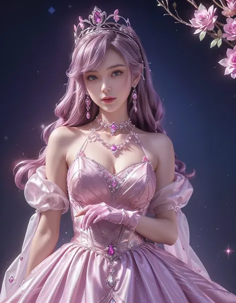 (( wearing a sparkling pink decorative princess dress )),  pink victorian dress with shoulder-length puffs and white rose detail on the sides, long thin blue gloves ,  Pearl Necklace ,  Diamond Earrings ,  diamond bracelet , Long purple hair ,  diamond tia...